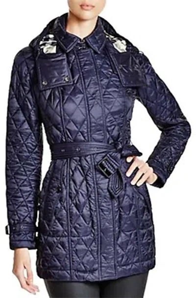 Pre-owned Burberry Finsbridge Belted Quilted Check Coat Jacket Size Medium In Blue