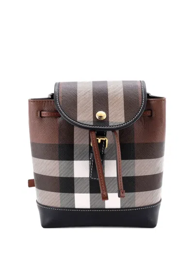 Pre-owned Burberry Flap House Check Coated Canvas Micro Backpack In Black