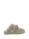 Burberry Buckle Fastening Shearling Suede Mules In Nude