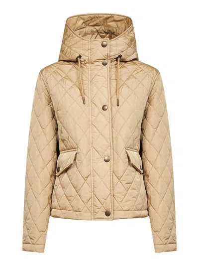 Burberry Flax Beige Quilted Nylon Cropped Hooded Jacket In Neutral