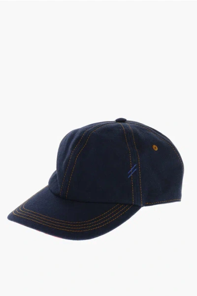 Burberry Flocked Denim Cap With Visible Stitching In Blue