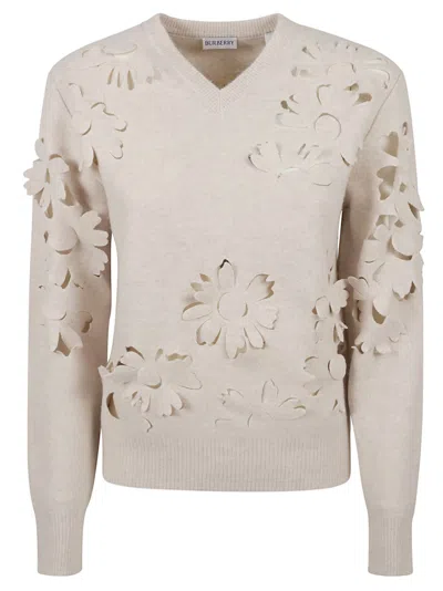 Burberry Floral Cut-out V-neck Wool Sweater In White