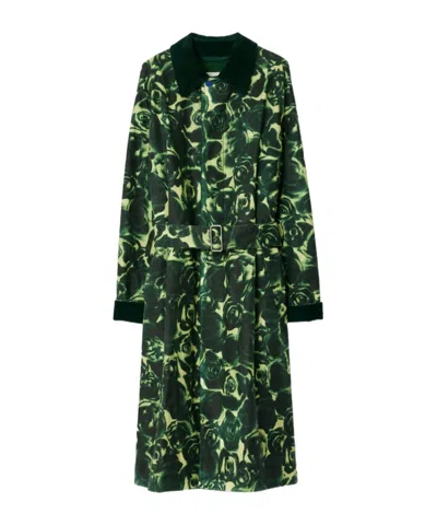 Burberry Rose Print Cotton Long Coat In Ivy
