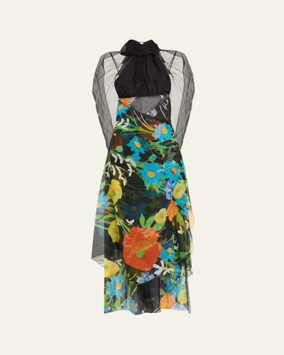 Burberry Floral Tie-neck Backless Asymmetric Dress In Turquoise Ip Design