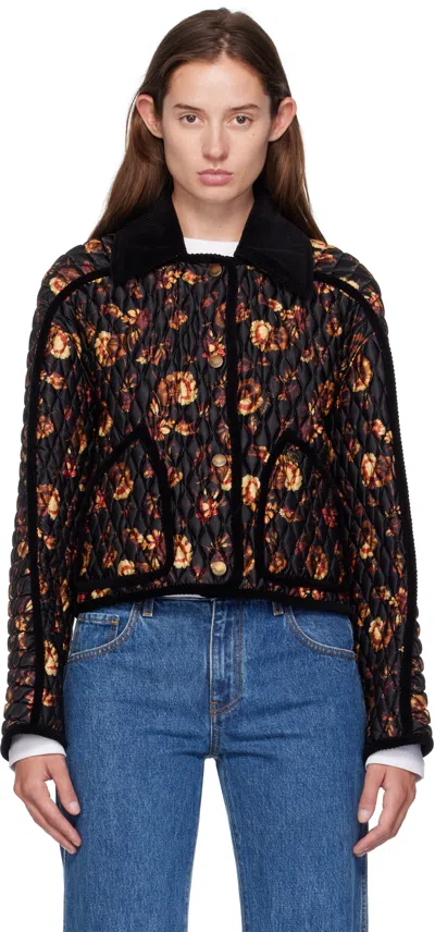 Burberry Floral Quilted Nylon Jacket With Corduroy Collar In Black