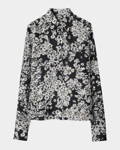 Burberry Flower Print Button Down Silk Top In Black