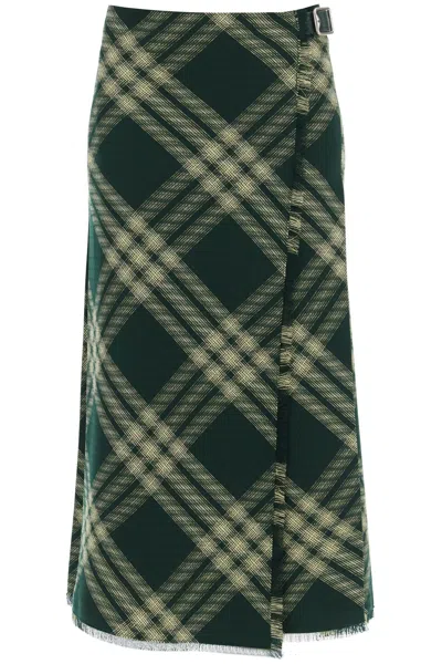 BURBERRY FOREST GREEN AND YELLOW WOOL MIDI SKIRT