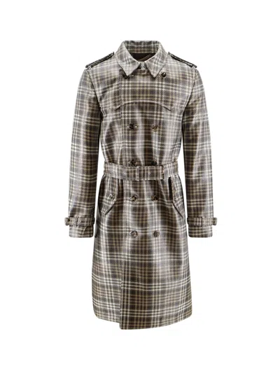 Burberry Madras Check Double-breasted Trench Coat In Gray