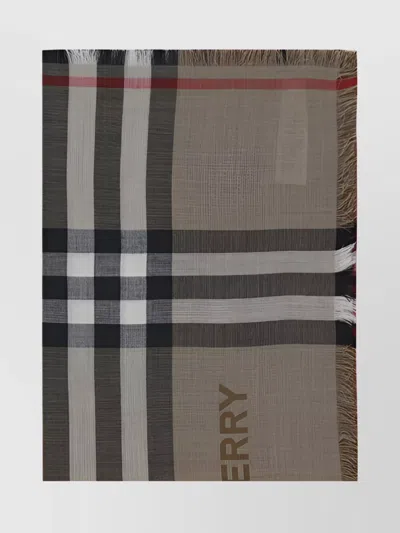 Burberry Frayed Fringed Check Wool Silk Scarf In Brown