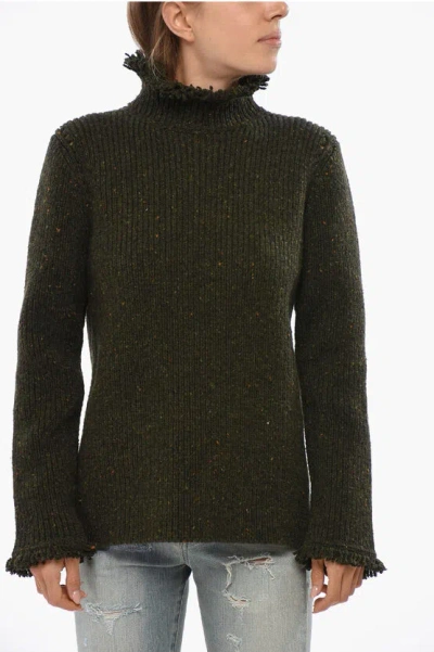 Burberry Frayed Hem Melange Turtleneck Sweater In Green