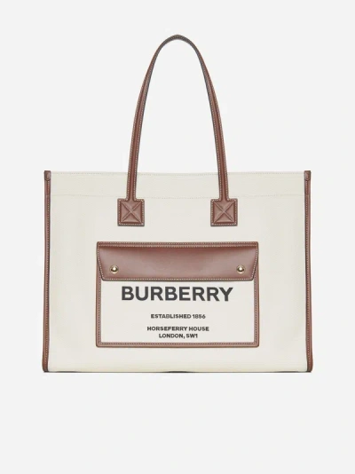 Burberry Freya Canvas And Leather Medium Tote Bag In Natural,tan