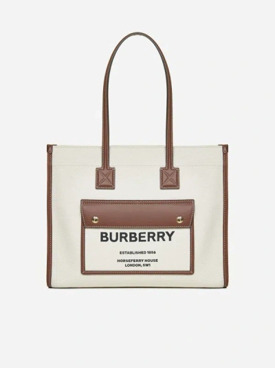 Burberry Freya Canvas And Leather Small Tote Bag In Natural,tan