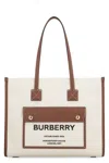 Burberry Medium Beige Leather Tote Handbag For Women With Horseferry Print In Multi