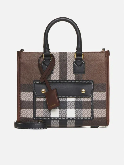 Burberry Check And Leather Mini Freya Tote In Dark Birch Brown Check