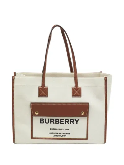 Pre-owned Burberry Freya Horseferry Canvas Tote Bag In Neutrals