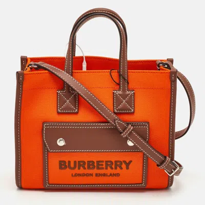 Pre-owned Burberry Freya Horseferry Mini Orange/brown Canvas And Leather Tote
