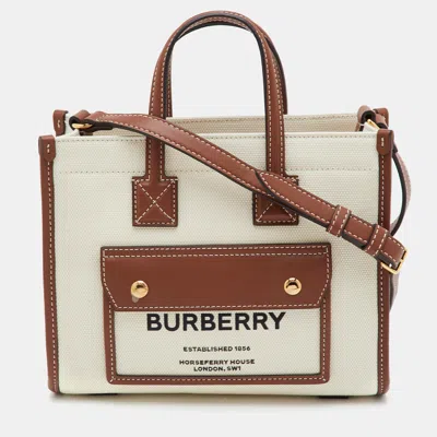 Pre-owned Burberry Freya Mini Beige/tan Canvas And Leather Tote In Sand