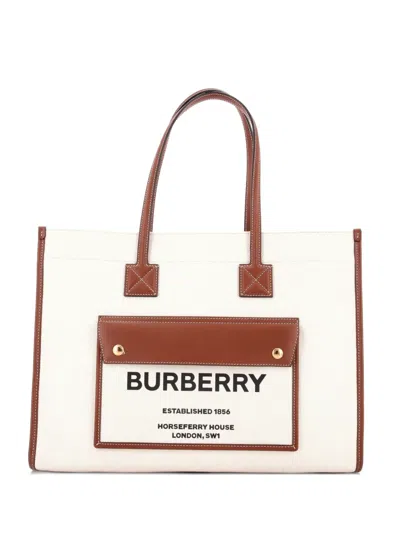 Pre-owned Burberry Freya Shopping Canvas With Leather Medium Tote Bag In Brown