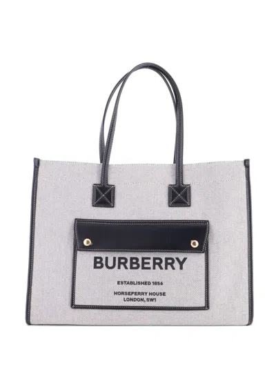 Pre-owned Burberry Freya Shopping Canvas With Leather Medium Tote Bag In Neutral