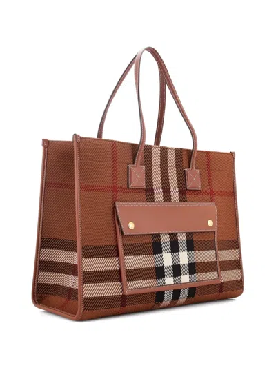 Pre-owned Burberry Freya Shopping Check Canvas With Leather Medium Tote Bag In Brown