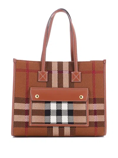 Pre-owned Burberry Freya Shopping Check Canvas With Leather Small Tote Bag In Brown