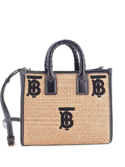 Pre-owned Burberry Freya Shopping Embroidered Raffia With Leather Mini Tote Bag In Black