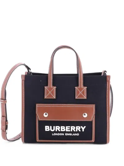 Pre-owned Burberry Freya Shopping Tote Canvas With Leather Mini Shoulder Bag In Black
