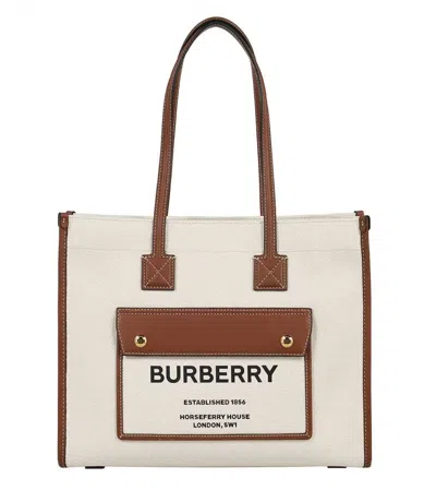 Burberry Freya Small Two-tone Canvas And Leather Tote In Natural/tan