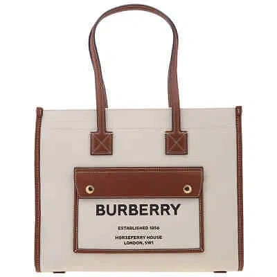 Pre-owned Burberry Freya Small Two-tone Canvas And Leather Tote In Natural/tan