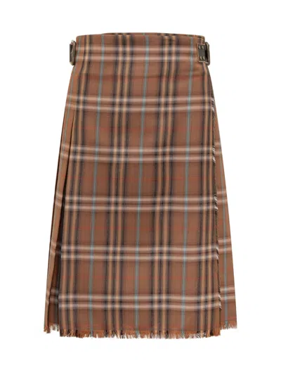 Burberry Fringe Midi Skirt In Gringer Brown Ip Chk