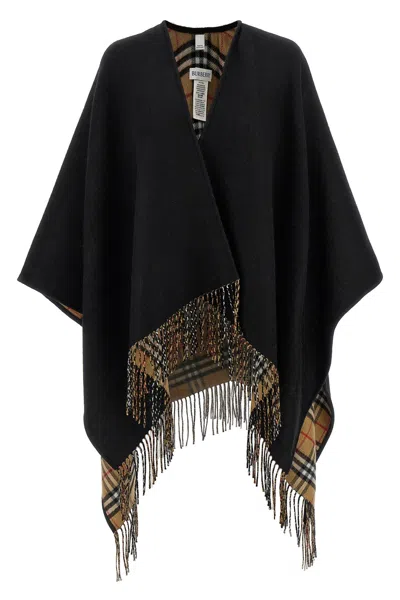 Burberry Fringed Wool Cape In Black