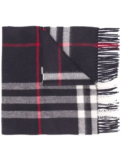 Burberry Fringed Check Scarf In Blue