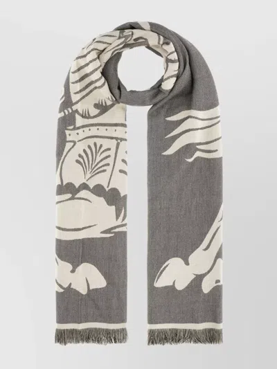Burberry Fringed Graphic Print Scarves In Gray