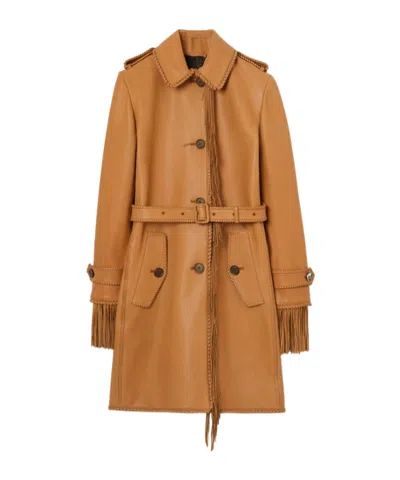 Burberry Fringed Leather Car Coat In Brown