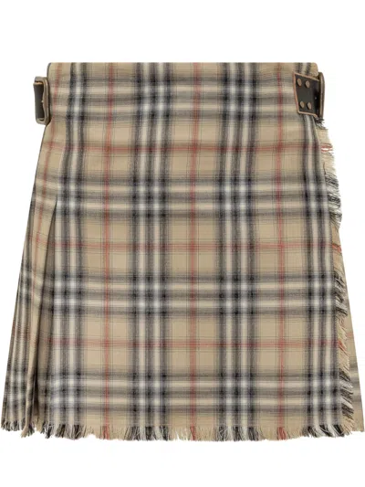 Burberry Fringed Mini Skirt With Check Pattern In Sand Ip Check