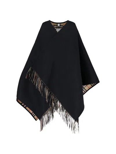 Burberry Fringed Wool Blend Cape Poncho In Black