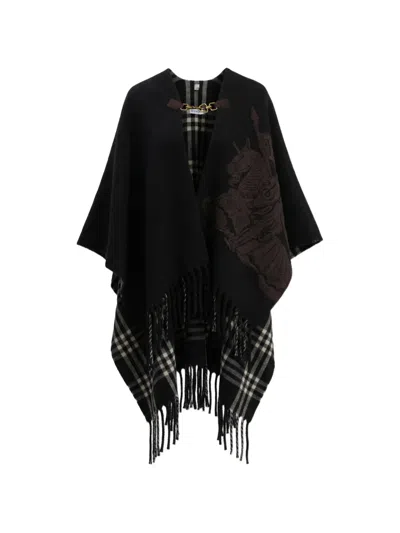 Burberry Fringed Wool Poncho In Black
