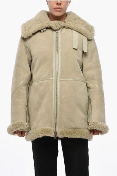 Burberry Front Zipped Shearling Jacket In Neutral