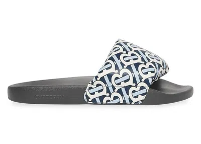Pre-owned Burberry Furley Tb Flock Slides Leather (women's) Sneakers In White/navy Blue/black