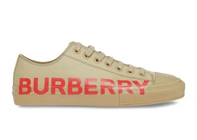 Pre-owned Burberry Gabardine Icon Stripe Logo Print (women's) Sneakers In Beige/red