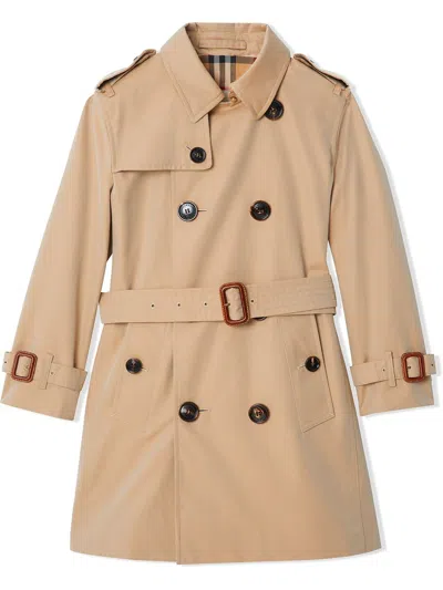 Burberry Kids' Gabardine Trench Coat In 褐色
