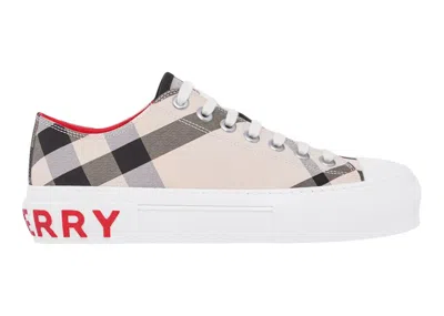 Pre-owned Burberry Gabardine (women's) Sneakers In Buttermilk/white/red