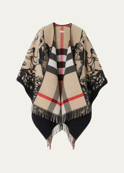 Burberry Gallant Knight Wool Cape With Leather Trim In Multi
