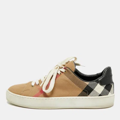 Pre-owned Burberry Gauden Size 38 Beige/black Nova Check Canvas And Leather Lace Up Sneakers In Sand