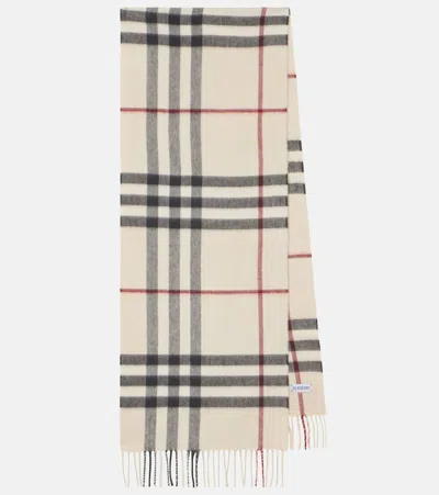 Burberry Fringed Checked Cashmere Scarf In Neutrals