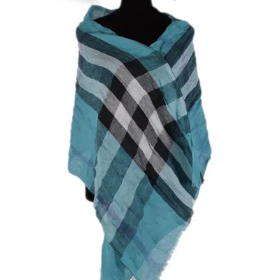 Pre-owned Burberry Giant Exploded Crinkle Linen Check Large Scarf Wrap Made In Italy In Green