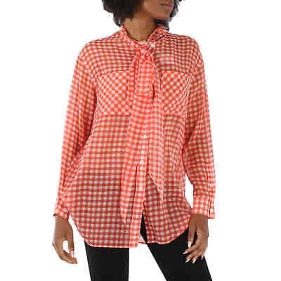 Pre-owned Burberry Gingham Silk Chiffon Pussy-bow Blouse In Multicolor