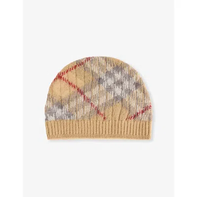 Burberry Kids' Pale Stone Ip Pttrn Ginny Check Wool-blend Beanie Ha In Brown