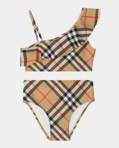 BURBERRY GIRL'S ASLA ONE-SHOULDER CHECK TWO-PIECE SWIMSUIT