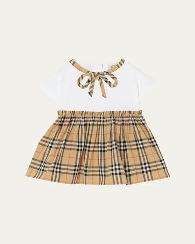 Burberry Kids' Girl's Check Bow Cotton Dress & Bloomers Set In Brown
